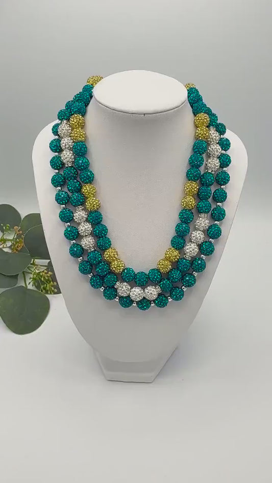 Stretchy no Clasp Design! Sparkly Rhinestone Shamballa Necklace in Teal/Silver/Gold