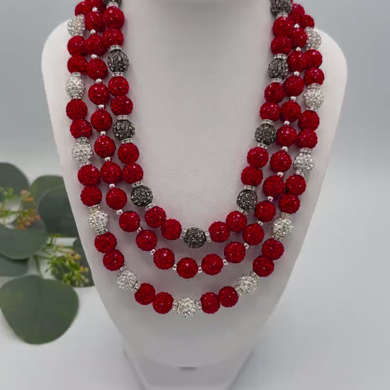 Stretchy no Clasp Design! Dazzling Shamballa Beaded Necklaces: Sparkly Red & Silver