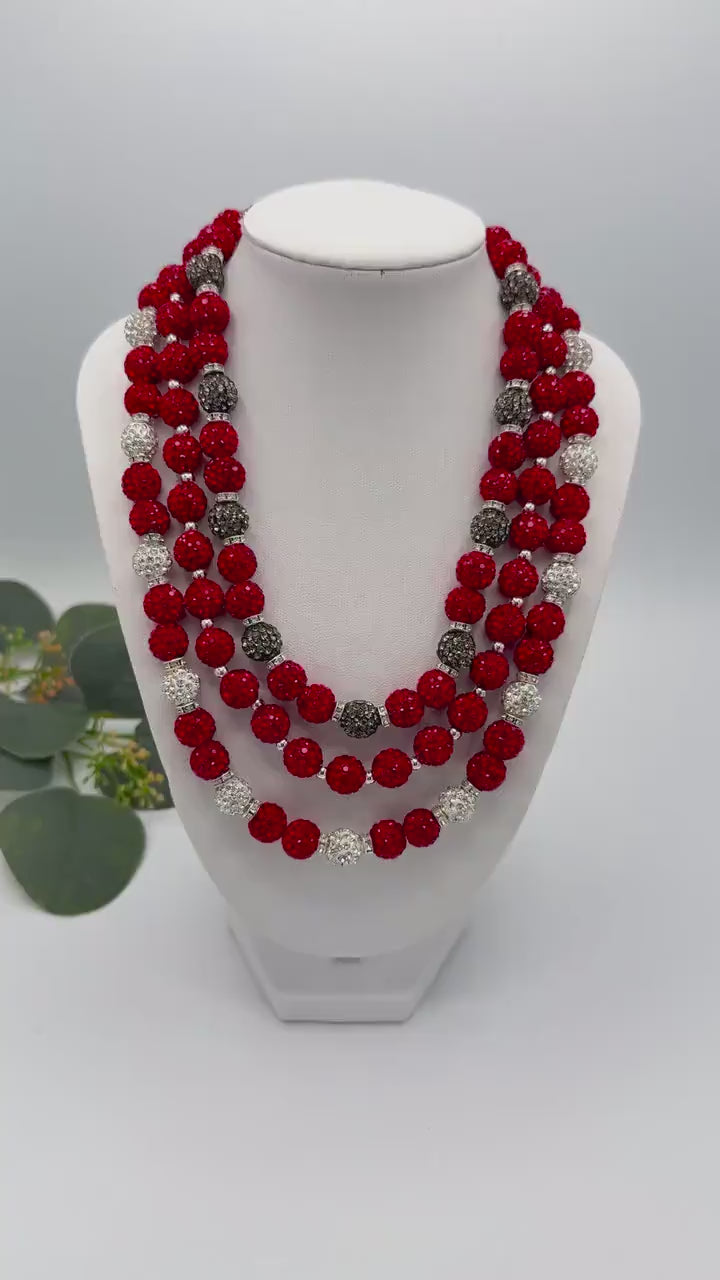 Stretchy no Clasp Design! Dazzling Shamballa Beaded Necklaces: Sparkly Red & Silver