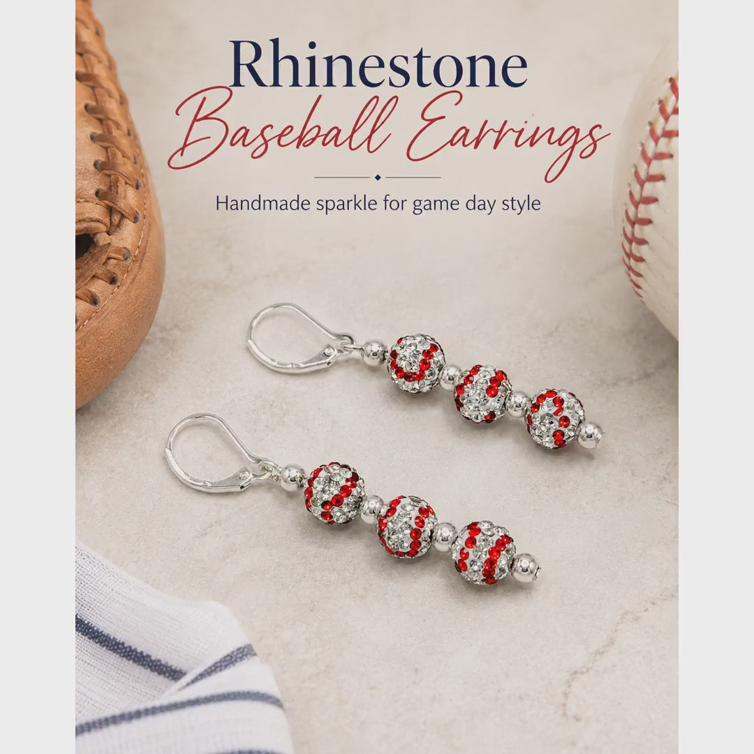 Rhinestone Baseball Earrings, Sparkle Game Day Jewelry, Hypoallergenic Silver Leverback Dangle, Baseball Mom Bling, Sports Fan Gift