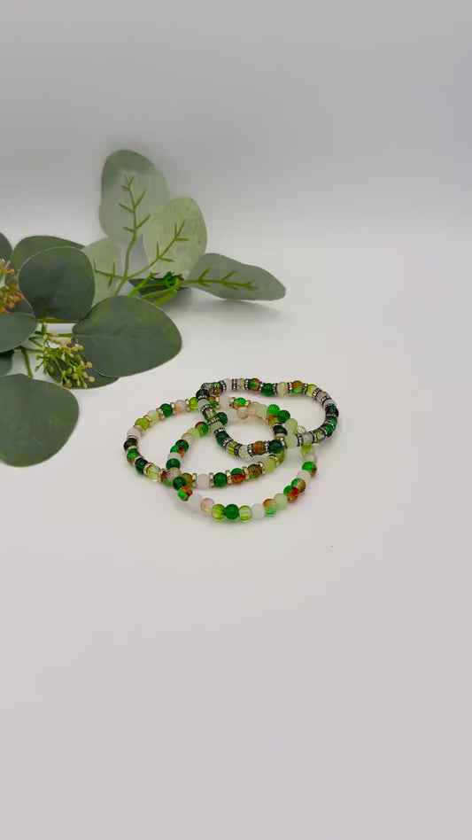 Earthy Elegance: Green & Brown Beaded Bracelet - Stretchy, No Clasp Design