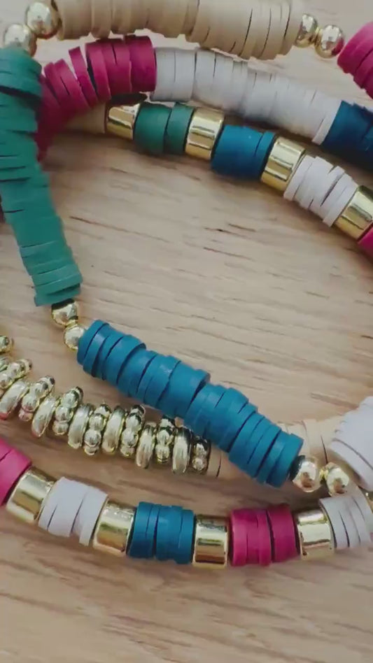 Handmade Clay Bead Bracelet Stack in Nature-Inspired Colors - Stretchy, No Clasp Design