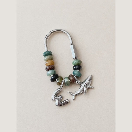 Personalized Natural Stone Bag Charm, Silver Initial Keychain, Custom Beaded Purse Charm, Handmade Gift for Her