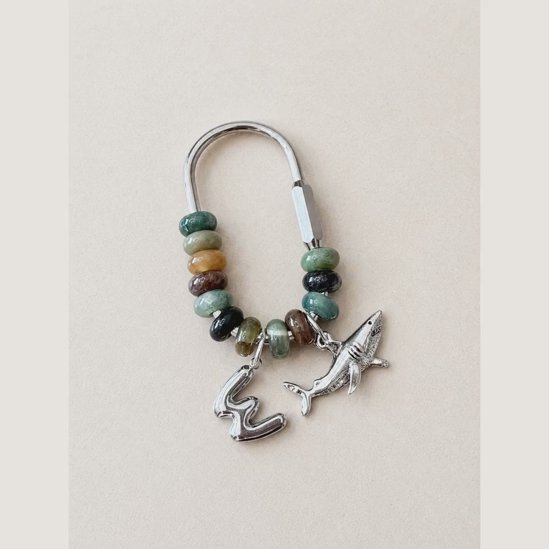 Personalized Natural Stone Bag Charm, Silver Initial Keychain, Custom Beaded Purse Charm, Handmade Gift for Her