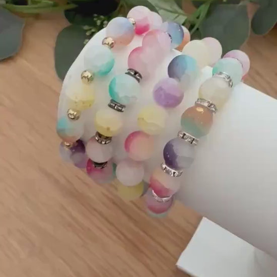Dazzling Frosted Glass Bracelets with Gold Glitter - Pastel Colors - Various Sizes - Stretchy, No Clasp Design