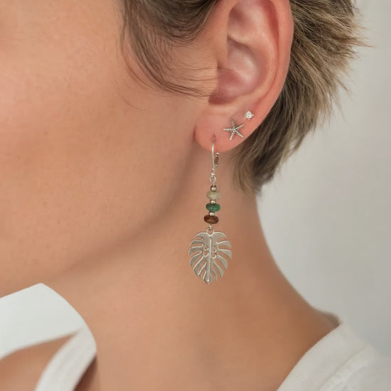 Silver Monstera Leaf Earrings, Green Glass or Indian Agate Beaded Dangles, Botanical Jewelry