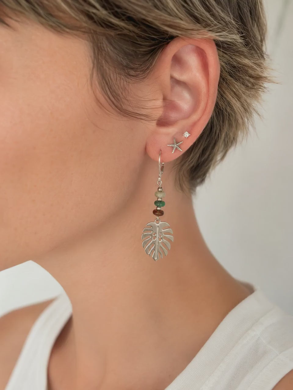 Silver Monstera Leaf Earrings, Green Glass or Indian Agate Beaded Dangles, Botanical Jewelry
