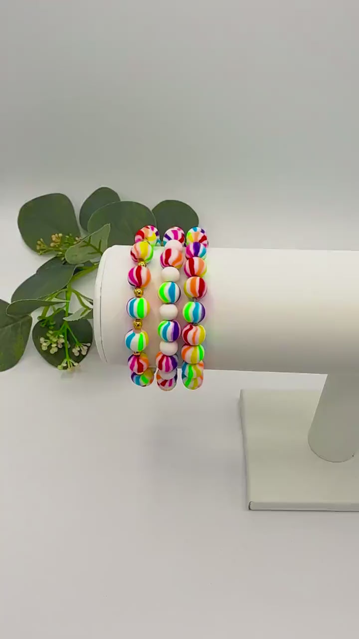 Rainbow Stripe Clay Bracelets in Vibrant Colors!