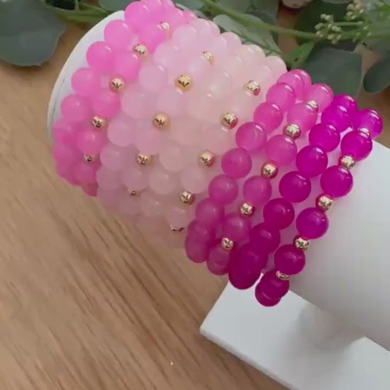 Pink Glass Beaded Bracelet with 14k Gold Filled Spacers - Tarnish Resistant Stacking Jewelry - Elastic Gold Bead Stretch Bracelet for Her