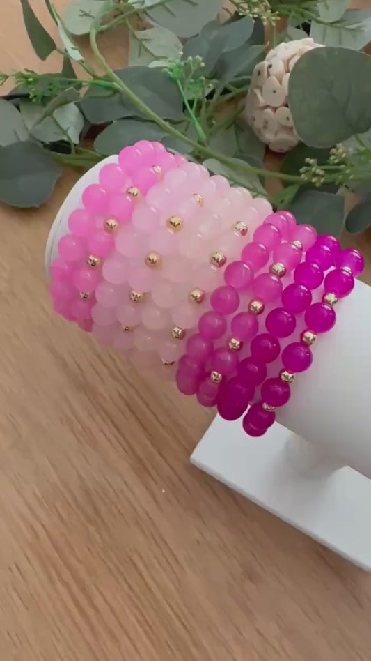 Pink Glass Beaded Bracelet with 14k Gold Filled Spacers - Tarnish Resistant Stacking Jewelry - Elastic Gold Bead Stretch Bracelet for Her