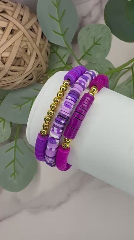Purple Vibes - Handmade Clay Bead Bracelet Stack - Stretchy, No Clasp Design