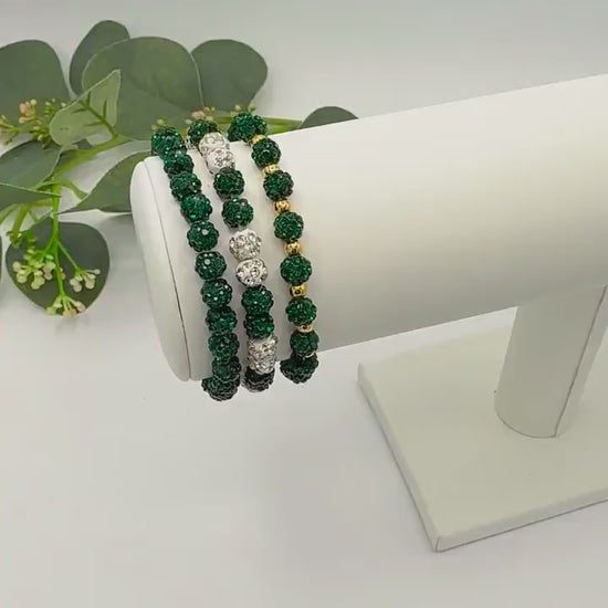 Green & White Rhinestone Bracelet- 6mm Bead
