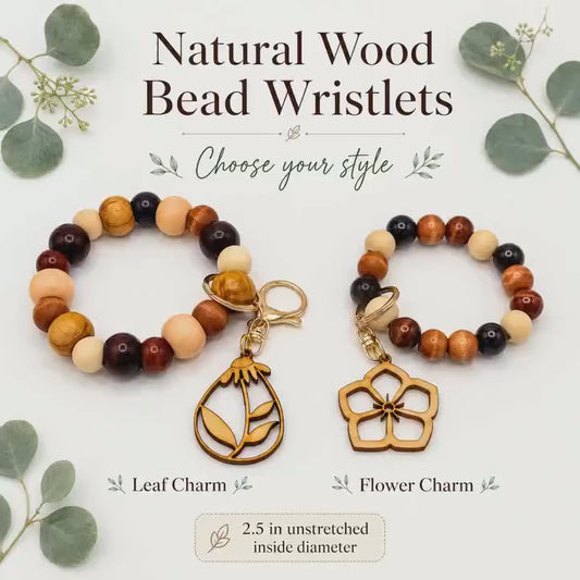 Wood Bead Wristlet Keychain, Stretchy Flower Charm Key Ring, Natural Wooden Bead Bag Charm, Boho Gift