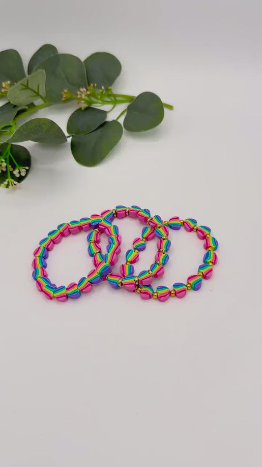 Rainbow Stripe Heart Beaded Bracelets - Share the Love! - Stretchy, No Clasp Design