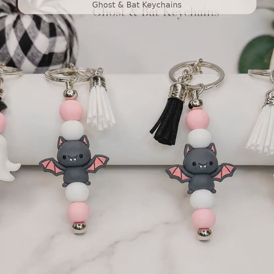 Halloween Ghost and Bat Beaded Keychains