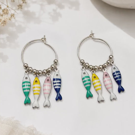 Silver Fish Hoop Earrings, Colorful Dainty Charms, Mediterranean Boho Jewelry, Lightweight Coastal Earrings