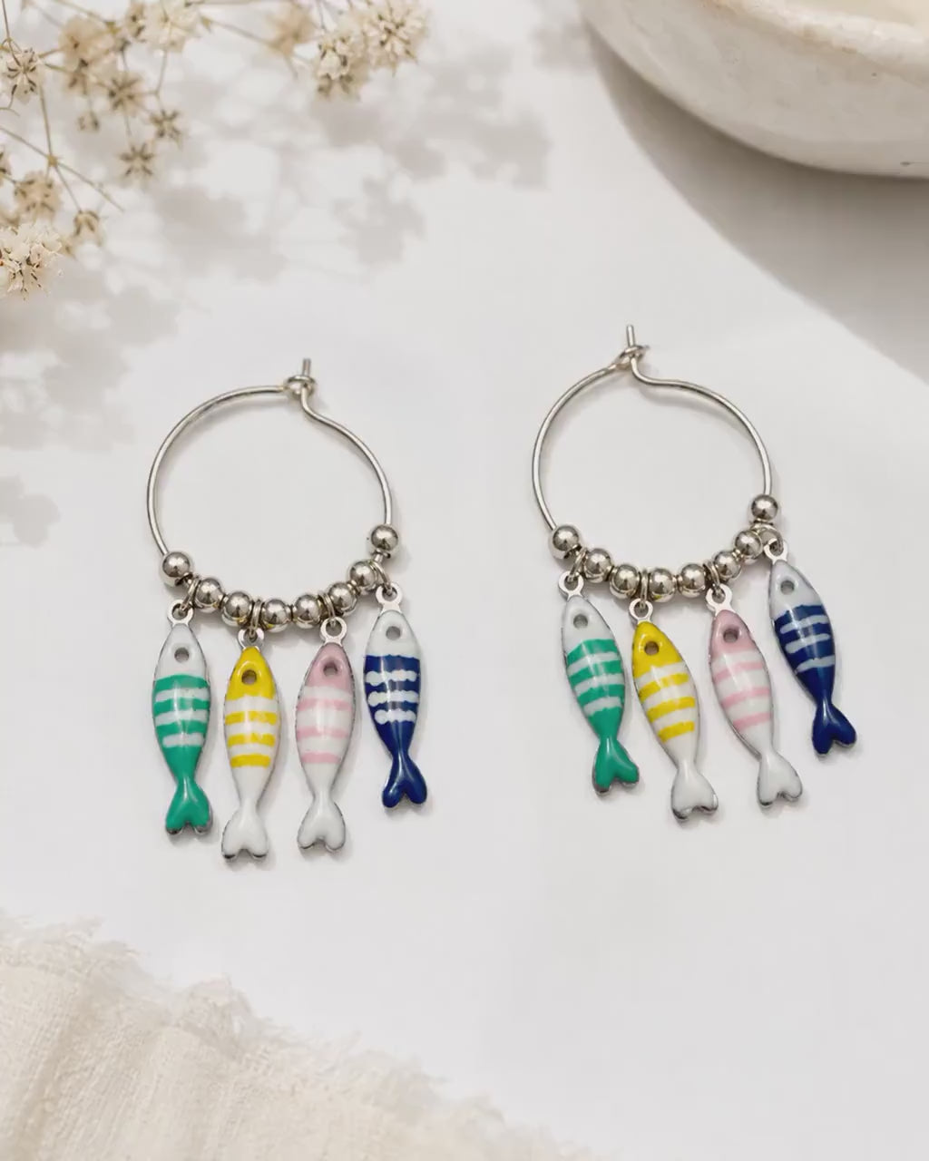 Silver Fish Hoop Earrings, Colorful Dainty Charms, Mediterranean Boho Jewelry, Lightweight Coastal Earrings