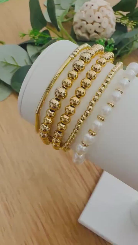 14k Gold Filled Stacking Bracelets: Pearl Beads, Adjustable Sizes - Stretchy, No Clasp Design