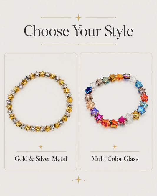 Starry Nights: Trendy Glass & Metal Star Bracelets- Stretch Bracelets- Various Sizes- - Stretchy, No Clasp Design