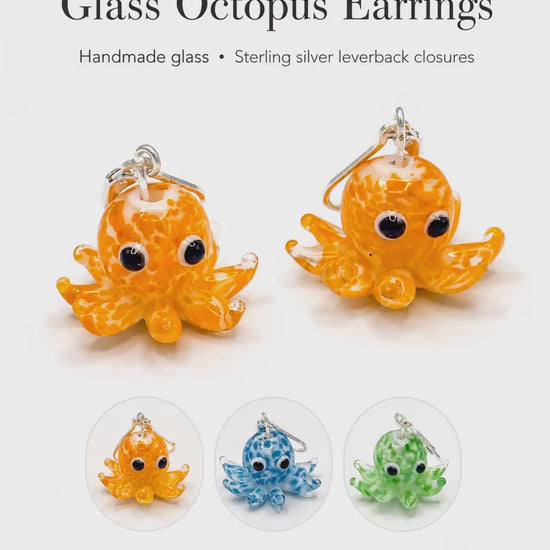 Glass Octopus Earrings, Cute Nautical Ocean Jewelry, Hypoallergenic Silver Leverback Dangle, Speckled Sea Life, Beach Vacation Gift for Her