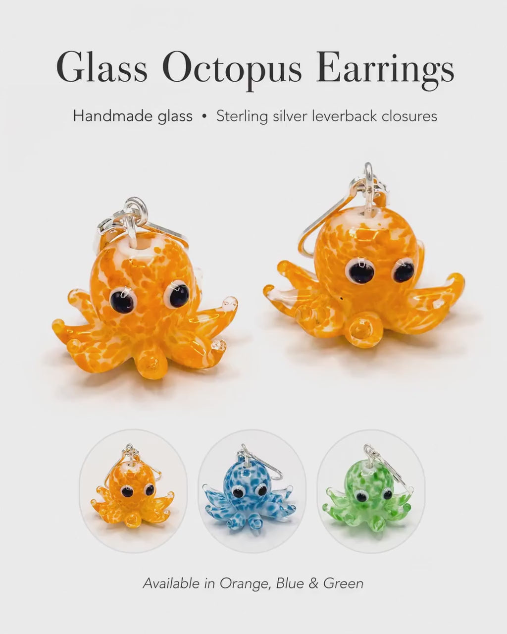 Glass Octopus Earrings, Cute Nautical Ocean Jewelry, Hypoallergenic Silver Leverback Dangle, Speckled Sea Life, Beach Vacation Gift for Her