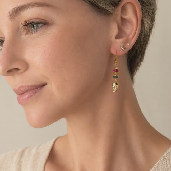 18K Gold CZ Fish Earrings, Natural Stone Dangles, Coastal Mediterranean Jewelry