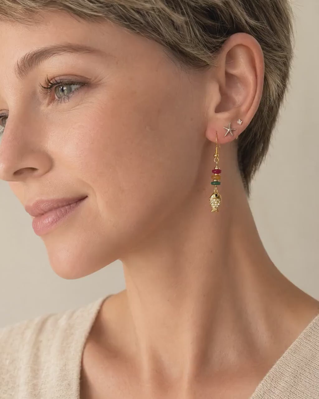 18K Gold CZ Fish Earrings, Natural Stone Dangles, Coastal Mediterranean Jewelry