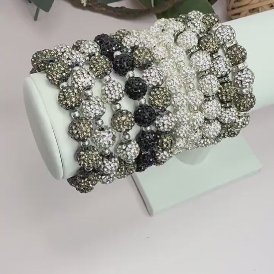 Elegant Sparkle Shamballa Bead Bracelets Grey Black White Handmade Jewelry Gift Set for Women - Stretchy, No Clasp Design