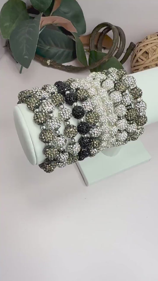 Elegant Sparkle Shamballa Bead Bracelets Grey Black White Handmade Jewelry Gift Set for Women - Stretchy, No Clasp Design