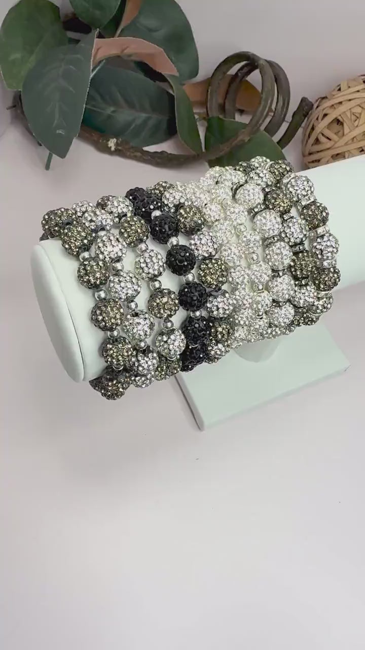 Elegant Sparkle Shamballa Bead Bracelets Grey Black White Handmade Jewelry Gift Set for Women - Stretchy, No Clasp Design