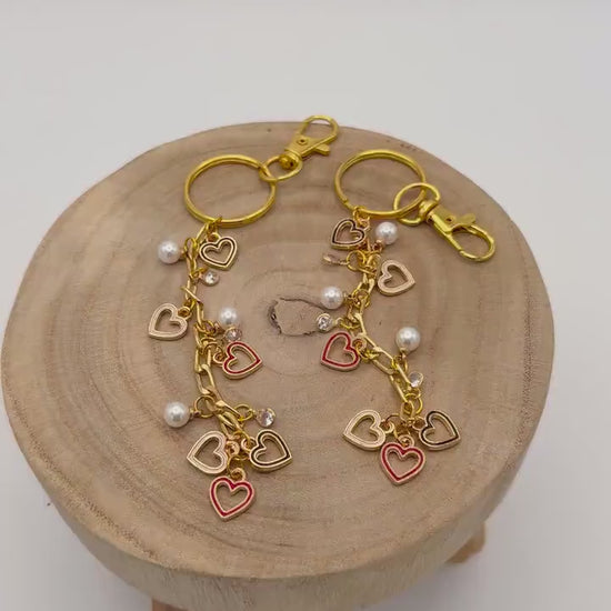 Gold Heart Charmed Keychains- Red/Black/White Hearts