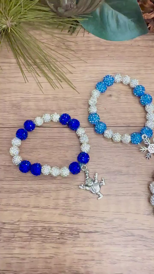 Blue Snowflake Shamballa Bracelet, Winter Snowman Charm Stretch Bracelet, White Silver Christmas Jewelry