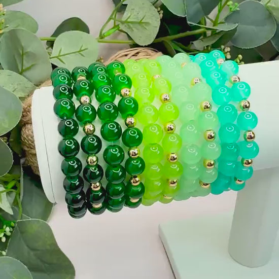 Beaded Bracelet: Green Glass Beads - 14k Gold Filled Spacers - Stretchy, No Clasp Design