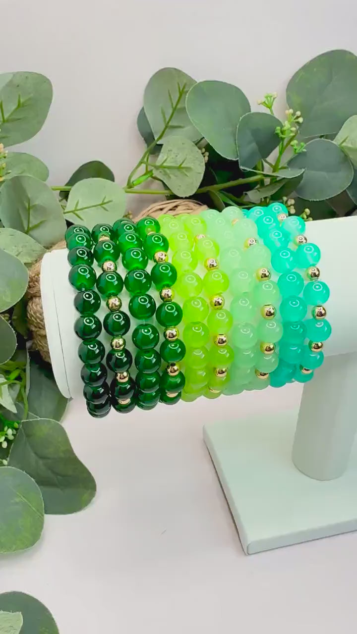 Beaded Bracelet: Green Glass Beads - 14k Gold Filled Spacers - Stretchy, No Clasp Design