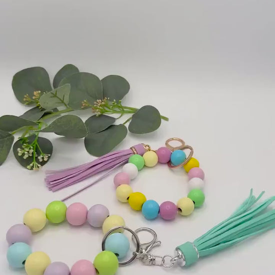 Stretchy Keychain Wristlets - Wood Beads - Spring Easter Pastel - Leather Tassel - Bag Charms - Lobster Clasp & Key Ring