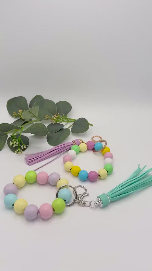 Stretchy Keychain Wristlets - Wood Beads - Spring Easter Pastel - Leather Tassel - Bag Charms - Lobster Clasp & Key Ring