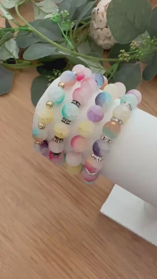 Dazzling Frosted Glass Bracelets with Gold Glitter - Pastel Colors - Various Sizes - Stretchy, No Clasp Design