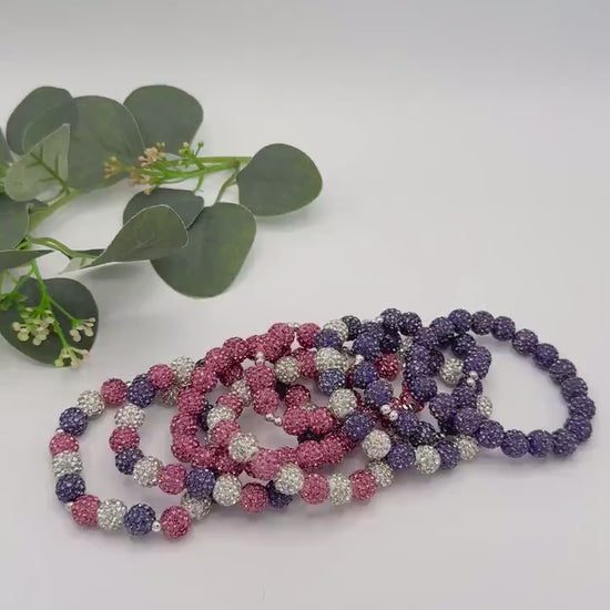 Spring Shine: Unique Rhinestone Beaded Bracelets- Pink Purple White - Stretchy, No Clasp Design