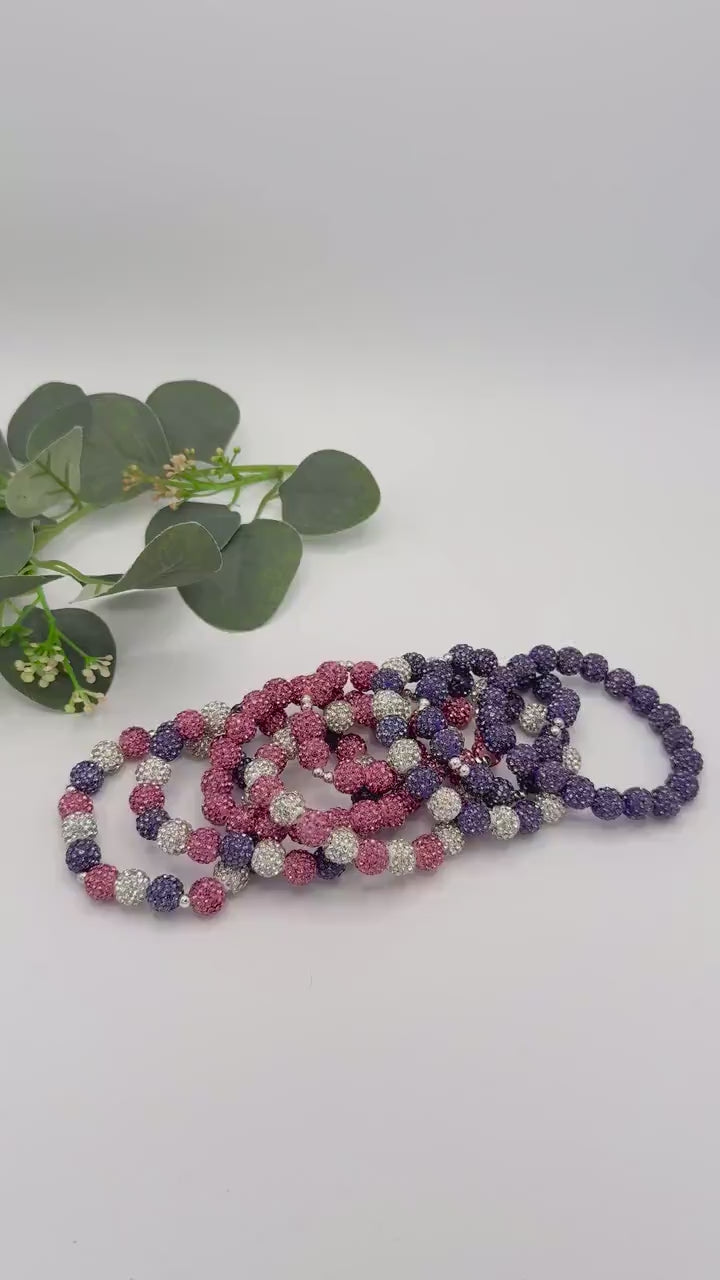 Spring Shine: Unique Rhinestone Beaded Bracelets- Pink Purple White - Stretchy, No Clasp Design