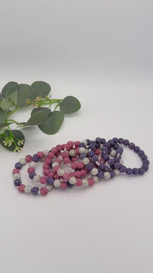 Spring Shine: Unique Rhinestone Beaded Bracelets- Pink Purple White - Stretchy, No Clasp Design