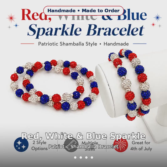 Red White Blue Sparkle Shamballa Bracelet, Patriotic 4th of July Bling Jewelry, USA Pride Crystal Bead Stack, Summer Holiday Party Fashion