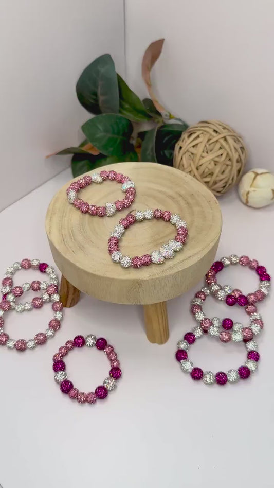 Shimmering Hearts: Pink & White Beaded Bracelet Collection - Stretchy, No Clasp Design