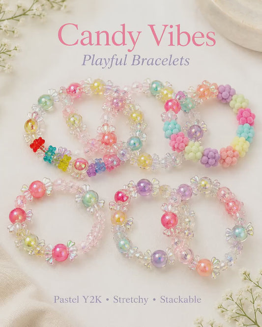 Candy Bead Bracelet, Pastel Y2K Aesthetic Jewelry, Playful Kawaii Beaded Stack, Sweet Colorful Charm, Cute Gift for Tween Girls