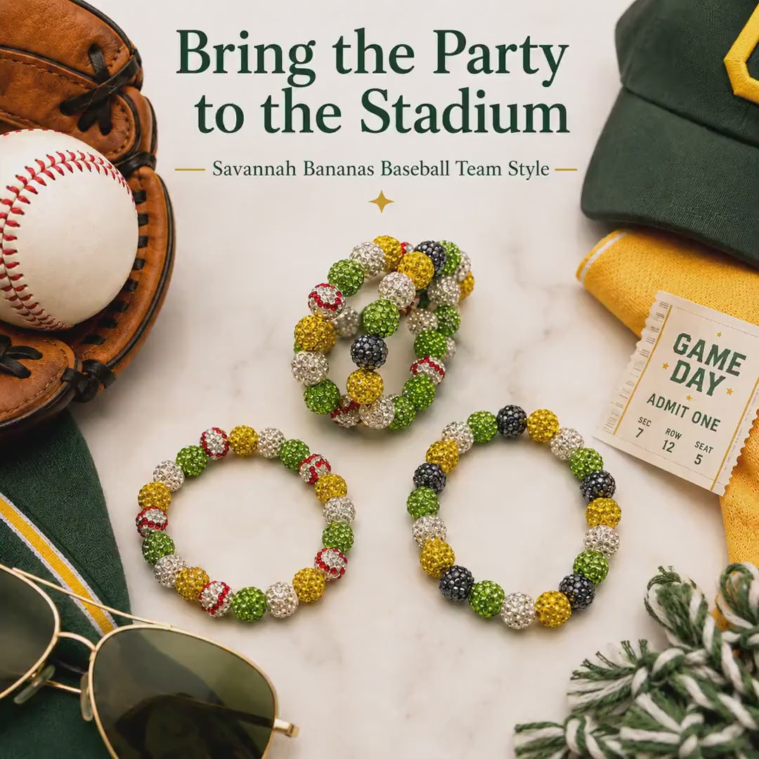 Green Savannah Baseball Rhinestone Bracelet, Party Animal Team Colors Jewelry, Banana Game Day Bling Stack, Stretchy Sports Mom Gift