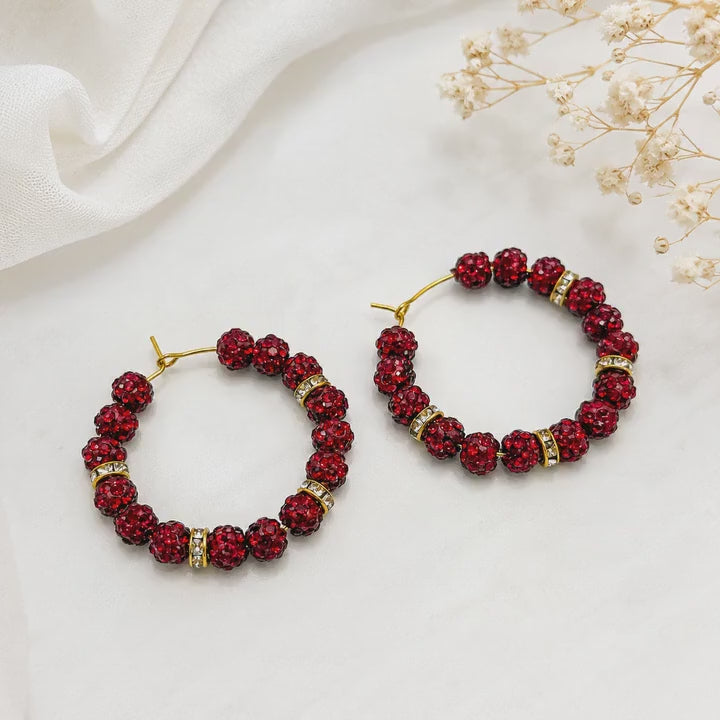 Red Rhinestone Hoop Earrings, 35mm Gold Crystal Spacer Hoops, Hypoallergenic Gold Handmade Sparkle Earrings Gift