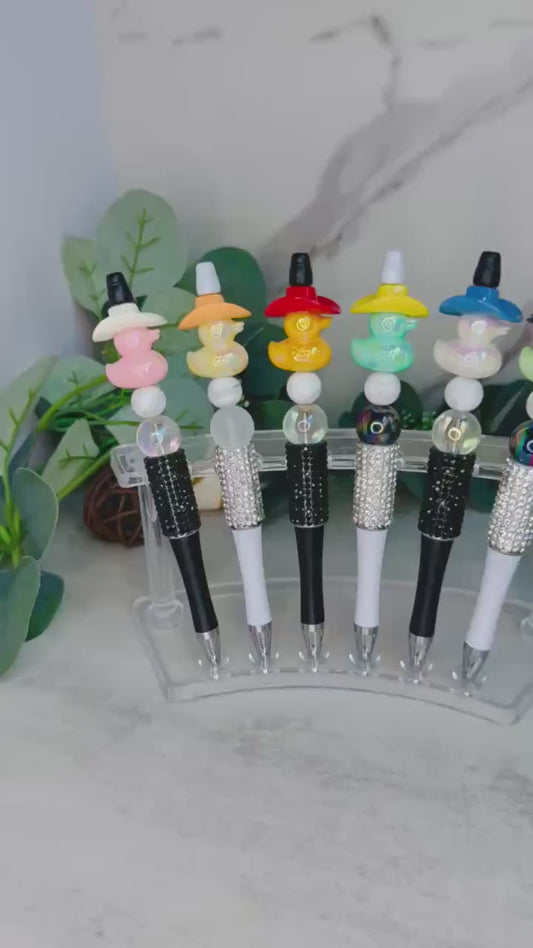 Cowboy Duck Beaded Pen, Iridescent Duck Charm Pen, Rhinestone Black or White Teacher Gift