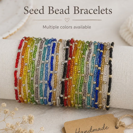 Dainty Glass Seed Bead Bracelet- 14k Gold- Sterling Silver- Silver Lined Semi Translucent Stretch Bracelets- Multiple Colors