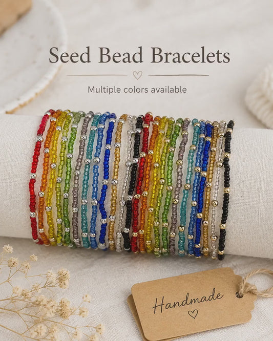 Dainty Glass Seed Bead Bracelet- 14k Gold- Sterling Silver- Silver Lined Semi Translucent Stretch Bracelets- Multiple Colors