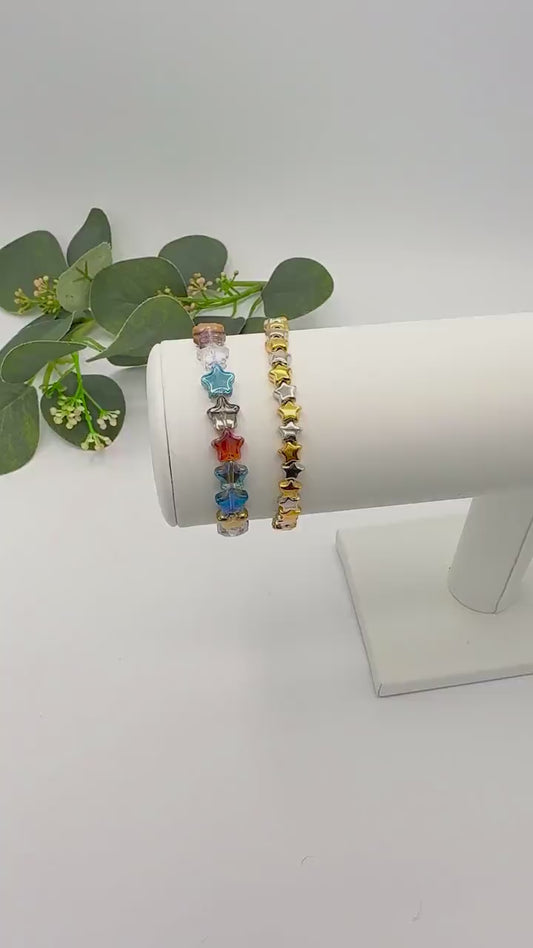 Starry Nights: Trendy Glass & Metal Star Bracelets- Stretch Bracelets- Various Sizes-