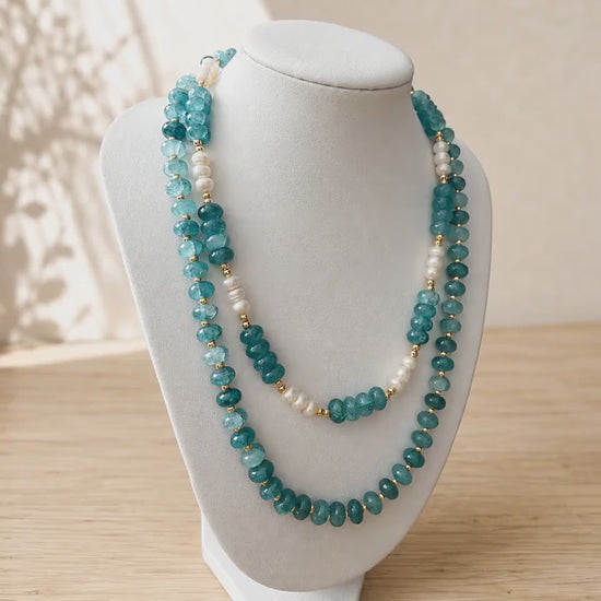 Blue Natural Stone Beaded Necklace, Ocean Inspired with Gold and Freshwater Pearl Option